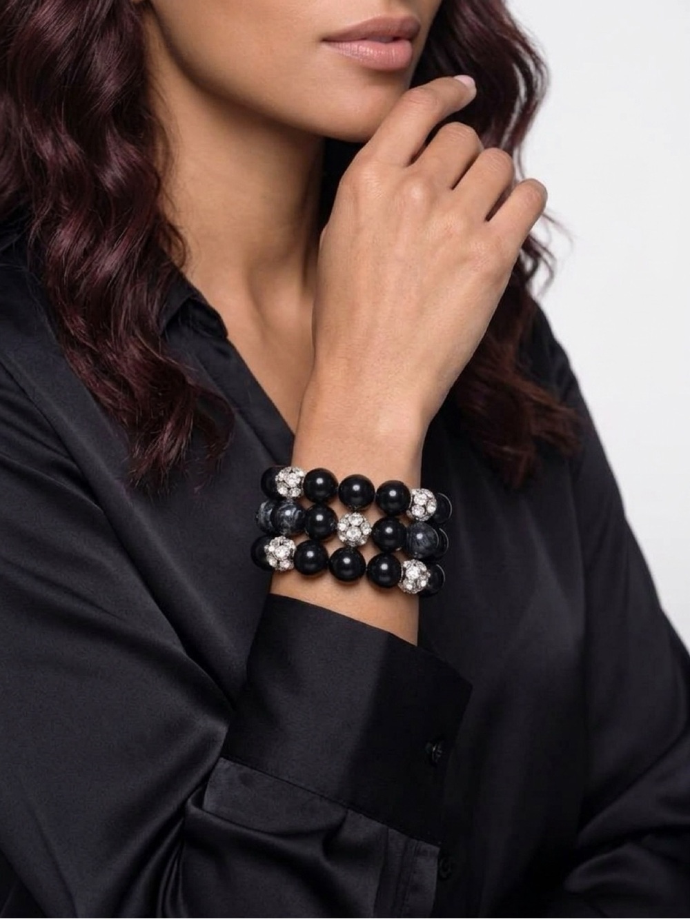 Black Beaded Stretch Bracelet with Crystal Accents